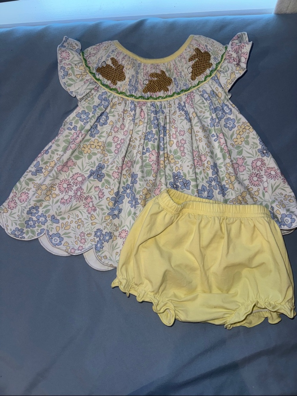 Busy Bees Smocked Baby Dress with Yellow Trim